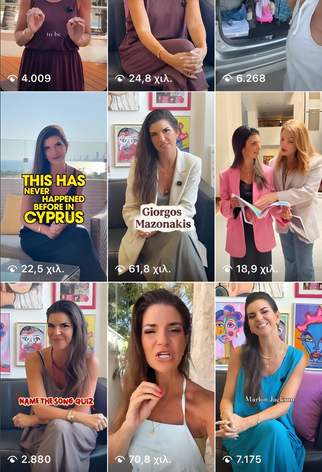 Instagram Reels grid for a Cyprus events host, up to 70.8K views